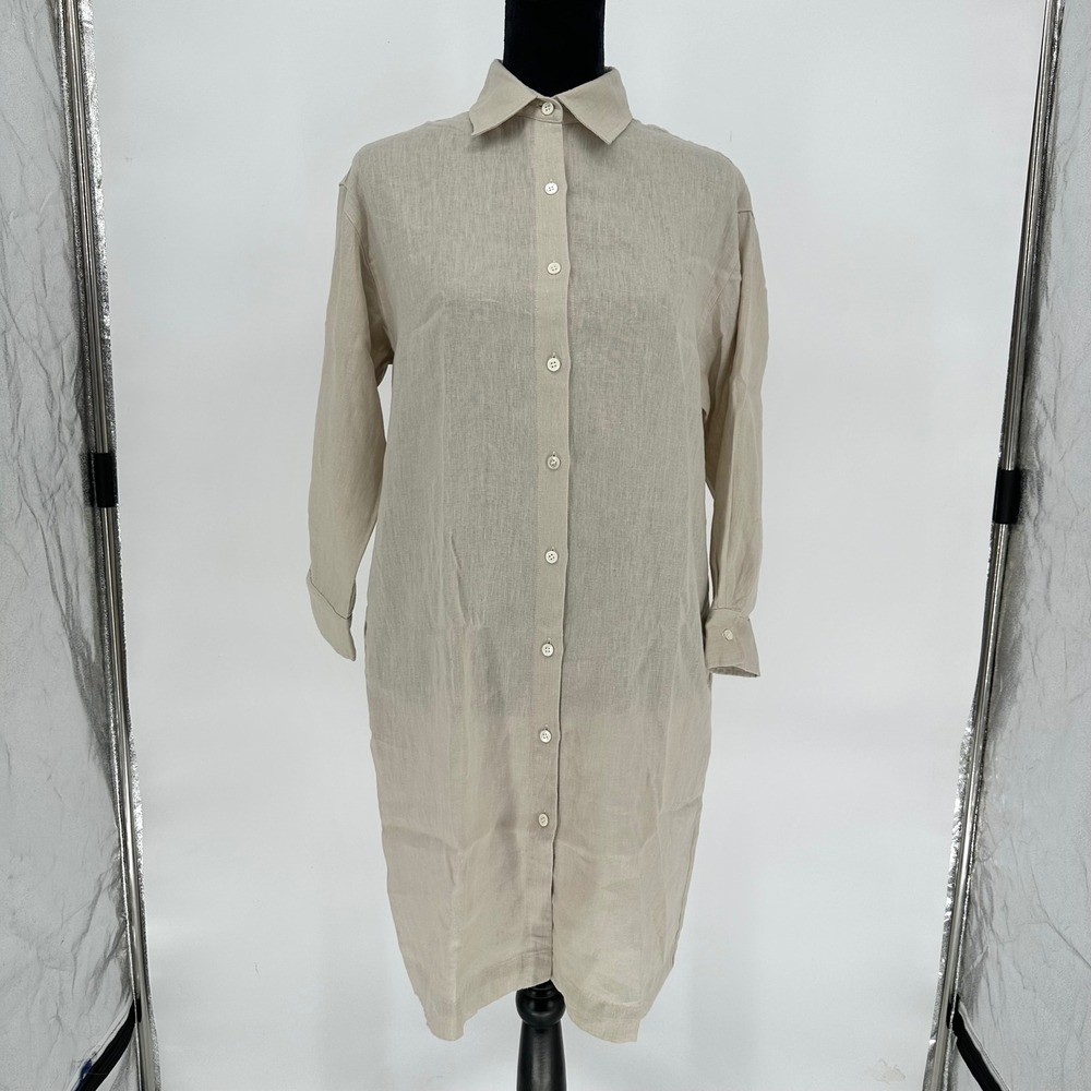 J. McLaughlin Beige 100% Linen Shirt Dress Pockets Chic Minimalist Casual Small